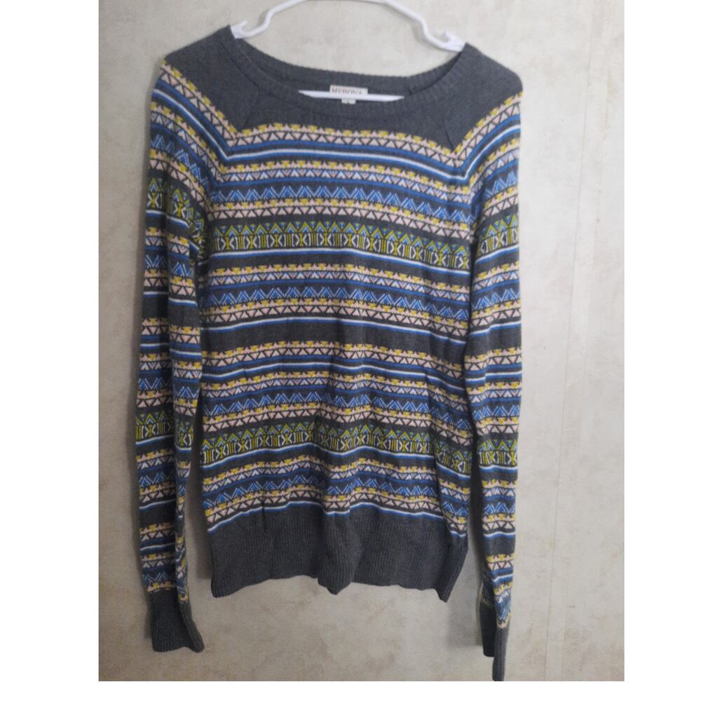 Fair Isle Nordic Knit Sweater Large Gray Blue Mustard Preppy Cozy Winter